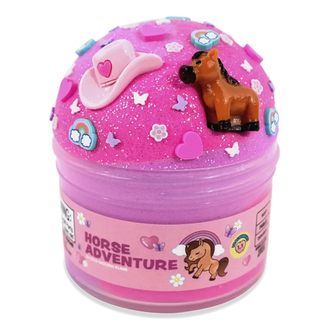 Peachybbies Horse Adventure slime in pink glittery container with horse and cowboy hat decorations