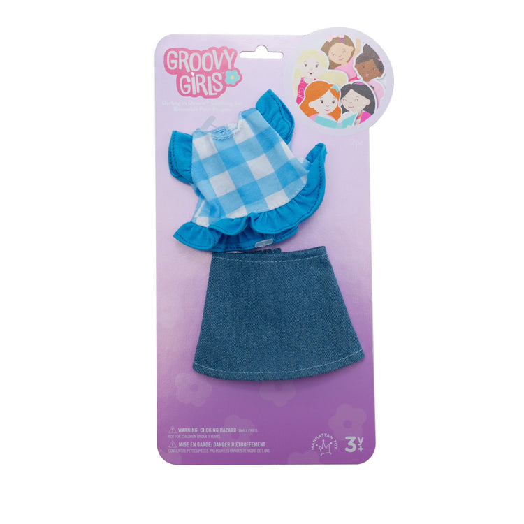Groovy Girls Darling in Denim doll outfit with blue gingham top and denim skirt in packaging
