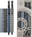 Gyre and Gimble Pencil Gidgets set with four textured silicone sleeves and two mechanical pencils in gray tones