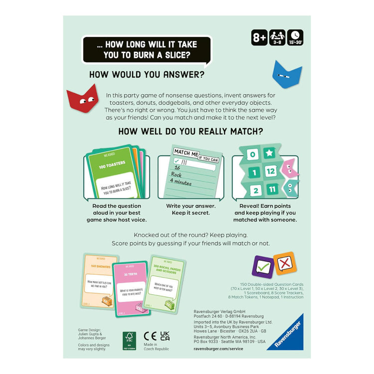 Back of Match Me If You Can party game box showing rules, components, and game instructions