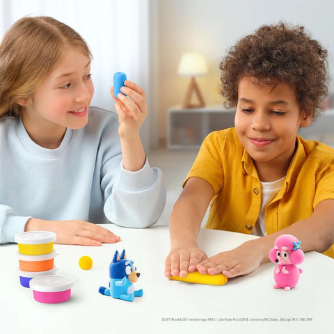 Hey Clay Bluey air dry clay set with five colored clay cans, sculpting tool, box, and finished Bluey figurine