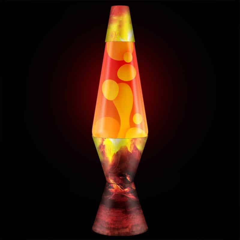 Glowing 14.5-inch erupting crater lava lamp with yellow blobs in red liquid on dark background