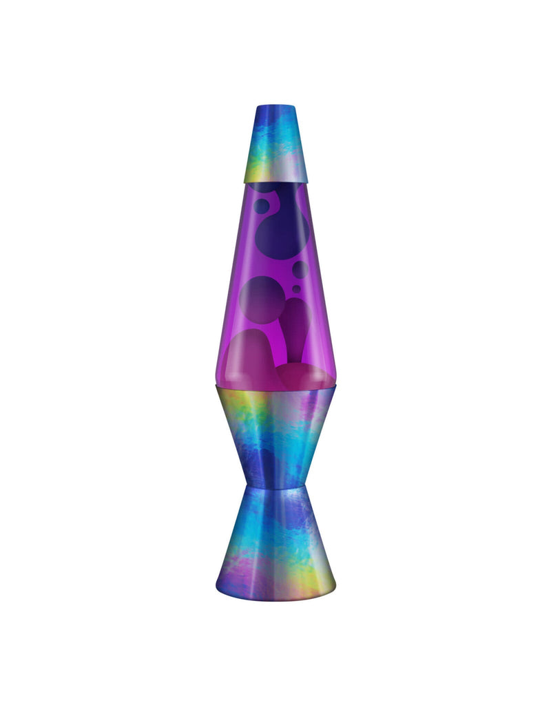 14.5 inch lava lamp with purple-pink liquid, dark purple lava blobs, and iridescent rainbow chameleon metallic base and cap