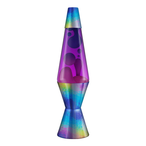 14.5 inch lava lamp with purple-pink liquid, dark purple lava blobs, and iridescent rainbow chameleon metallic base and cap