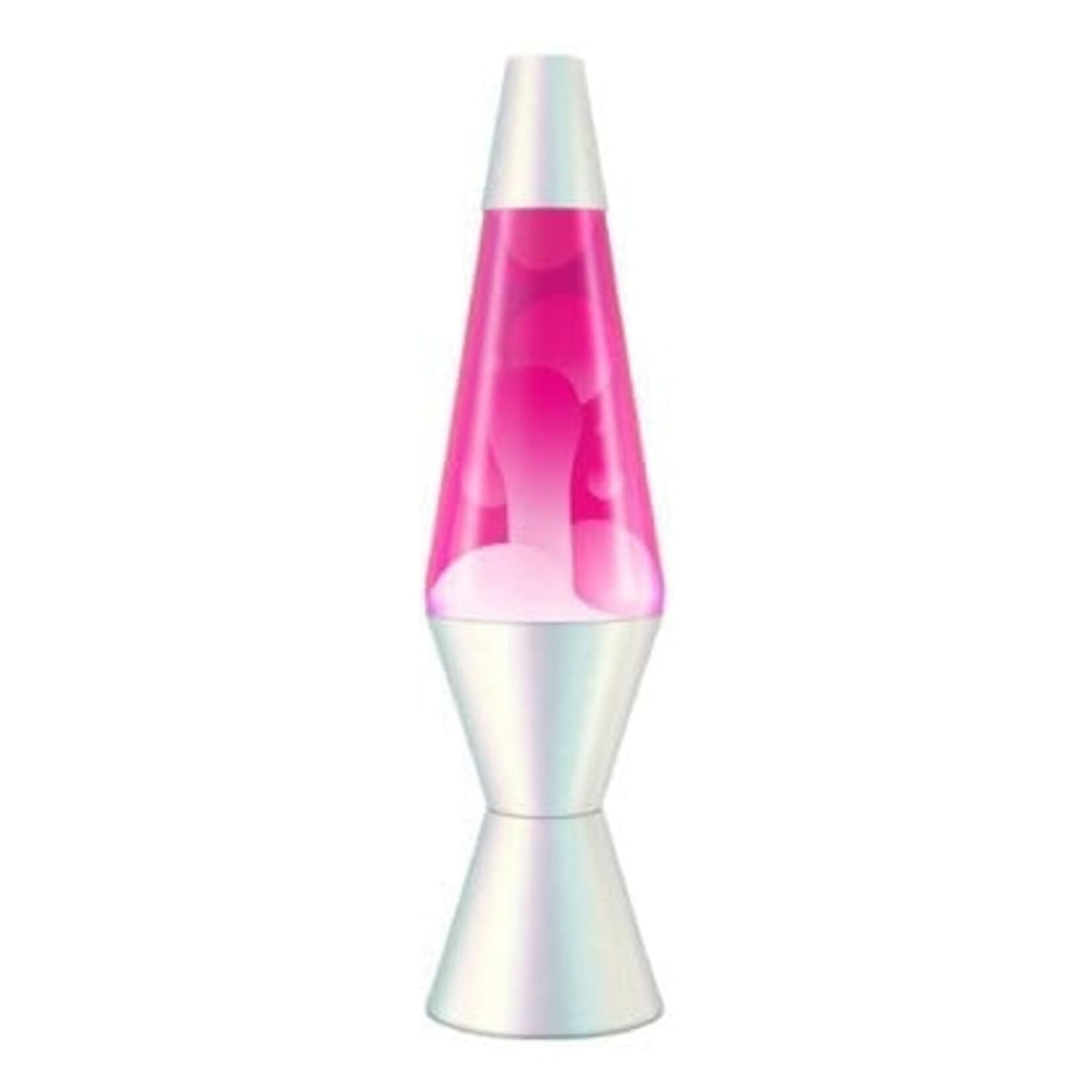 14.5 inch opalescent lava lamp with pink liquid and white wax on silver base