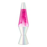 14.5 inch opalescent lava lamp with pink liquid and white wax on silver base