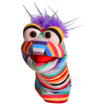 Colorful striped hand puppet with purple hair, large expressive eyes, and open mouth