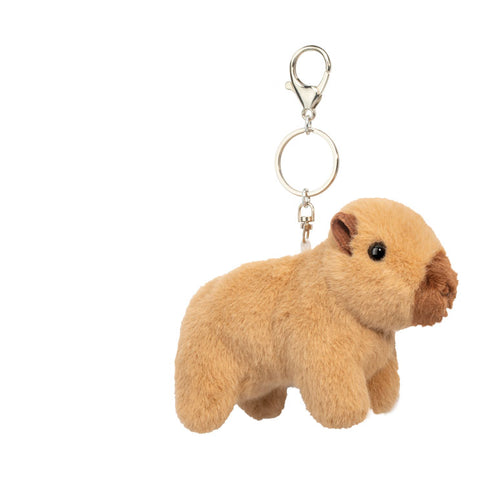 Miniature plush capybara bag charm keychain with silver lobster clasp and ring