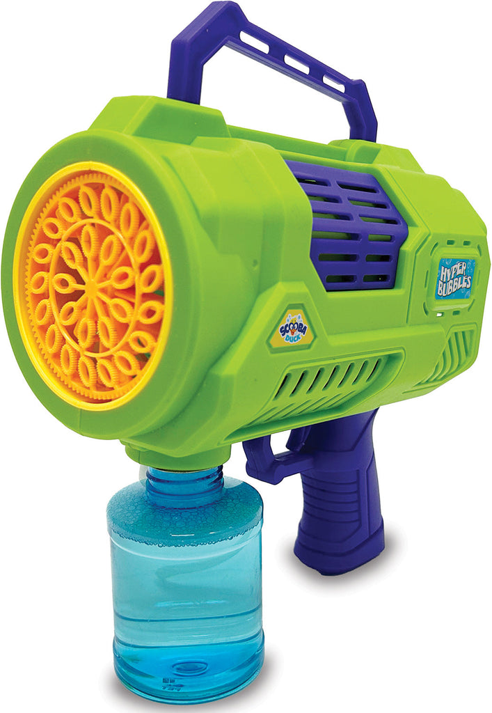 Hyper Bubbles rechargeable bubble blaster gun with orange bubble wand disc and blue solution bottle