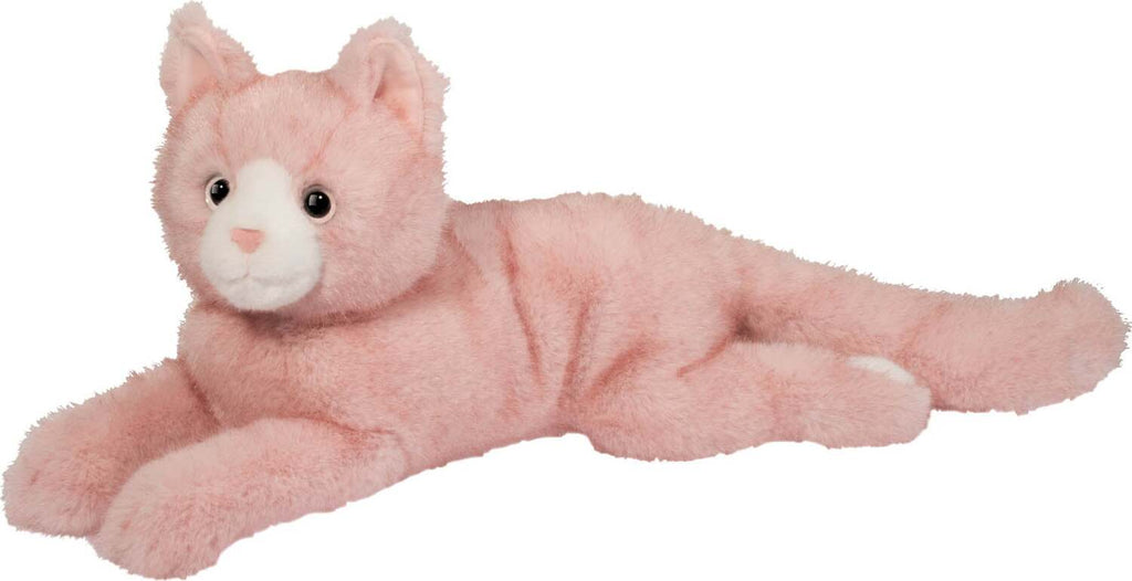 Pink plush cat stuffed animal lying down with white muzzle and black eyes
