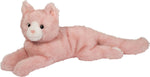 Pink plush cat stuffed animal lying down with white muzzle and black eyes