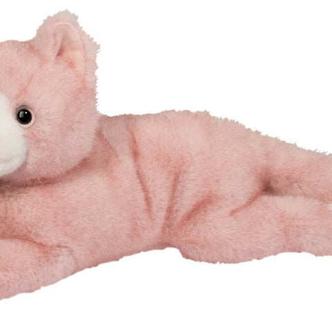Pink plush cat stuffed animal lying down with white muzzle and black eyes