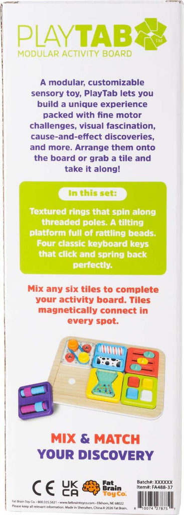 Back of PlayTab Modular Activity Board box showing sensory tile set with product description