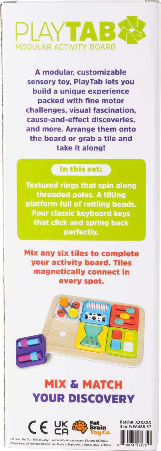 Back of PlayTab Modular Activity Board box showing sensory tile set with product description