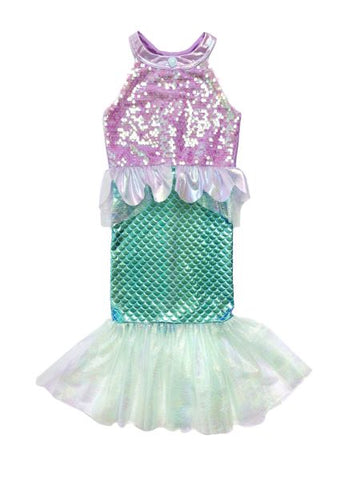 Children's mermaid costume dress with lilac sequin bodice and blue scale skirt on mannequin