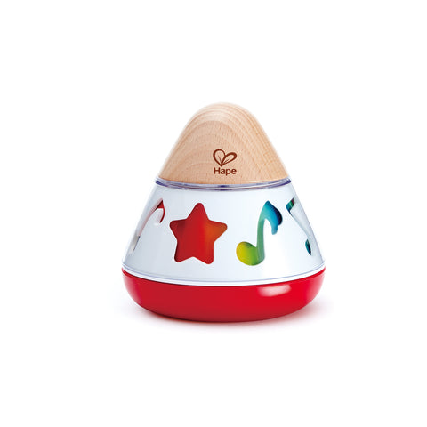 Hape Rotating Music Box in packaging, wooden cone-shaped baby musical toy with colorful star cutouts