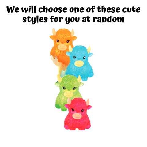 Four glitter squishy highland cow toys in blue, orange, pink, and green with hand demonstrating squeeze.