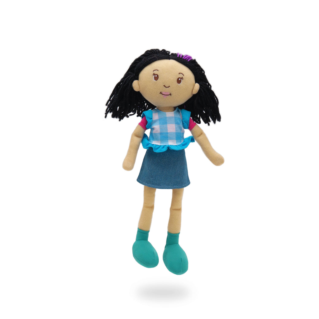 Groovy Girls fabric doll with black hair wearing denim skirt and blue gingham top