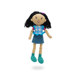Groovy Girls fabric doll with black hair wearing denim skirt and blue gingham top