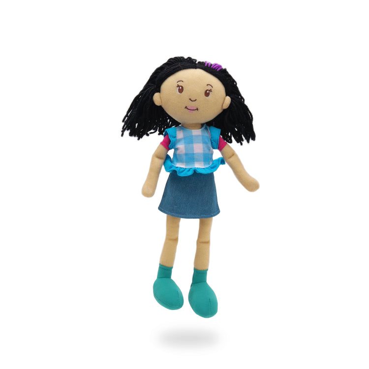 Groovy Girls fabric doll with black hair wearing denim skirt and blue gingham top