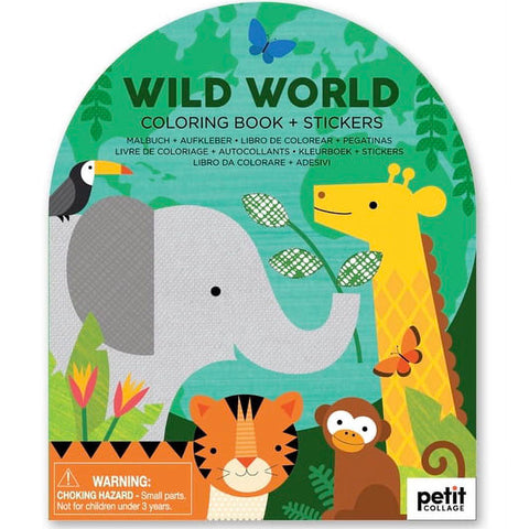 Wild World Coloring Book with Stickers by Petit Collage featuring jungle animals on green cover