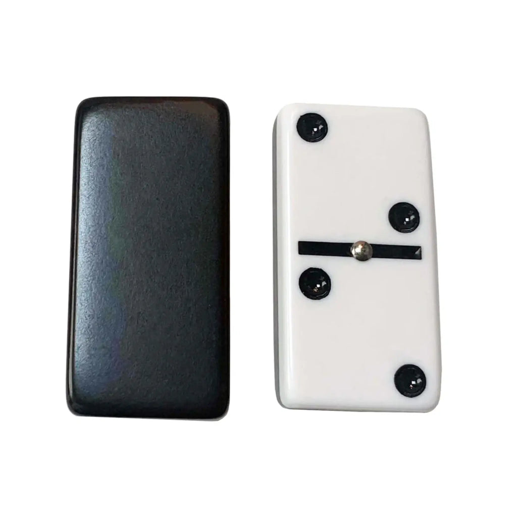Double 6 club size dominoes showing black back and white face with black dots