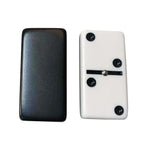 Double 6 club size dominoes showing black back and white face with black dots