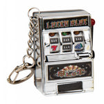 Miniature chrome Lucky Slot casino slot machine keychain with spinning reels and chain