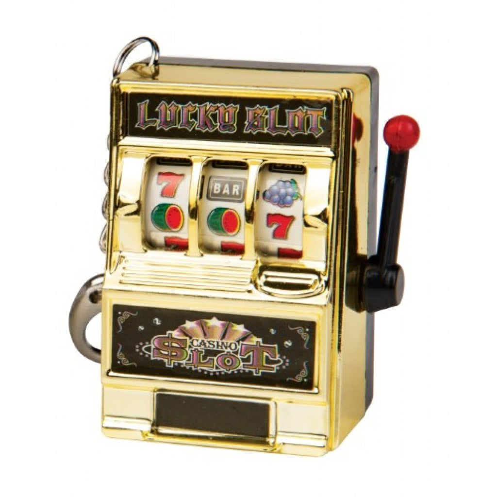 Miniature gold Lucky Slot Casino slot machine toy with pull handle and spinning reels keychain