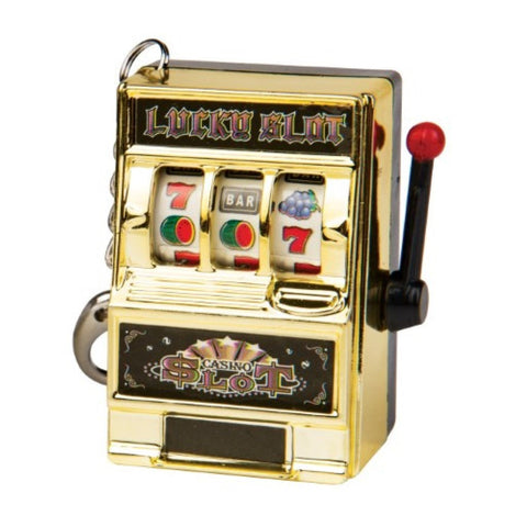 Miniature gold Lucky Slot Casino slot machine toy with pull handle and spinning reels keychain