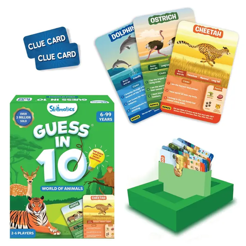 Skillmatics Guess in 10 World of Animals card game box for ages 6-99, 2-6 players