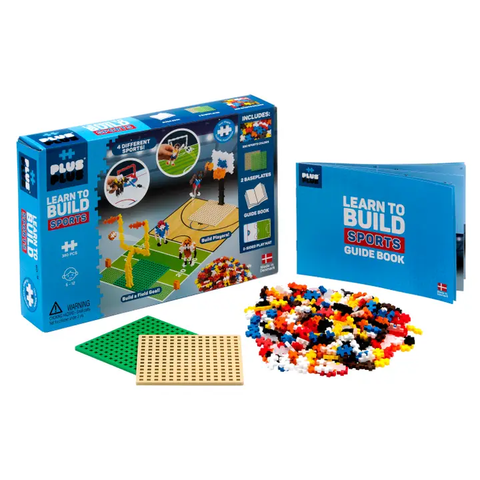 Plus Plus sports building kit with packaging, bricks, and guide book on a white background