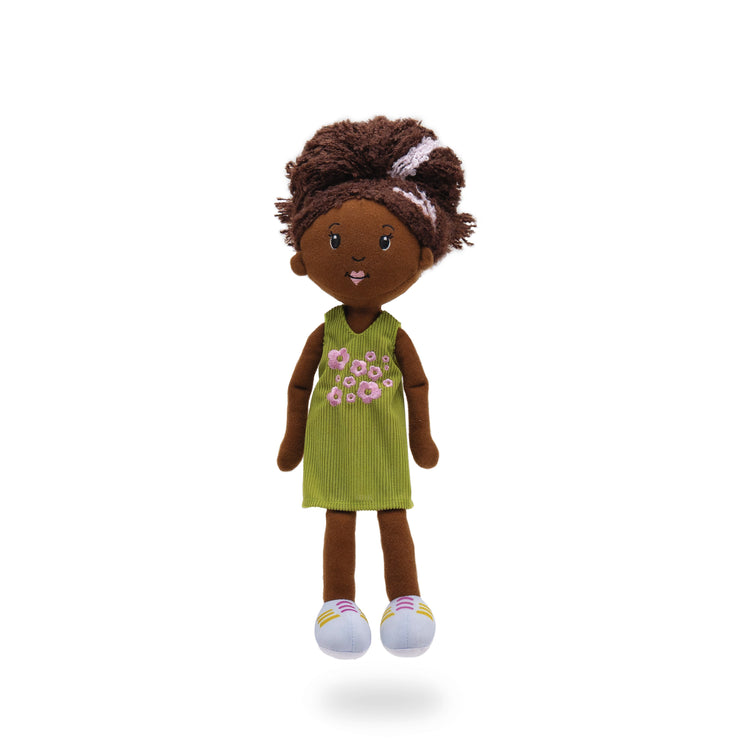 Groovy Girls plush doll wearing green ribbed dress with pink embroidered flowers and white sneakers