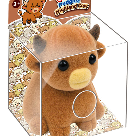 Fuzzy Pudgiez Highland Cow plush toy in clear display box with branded header card