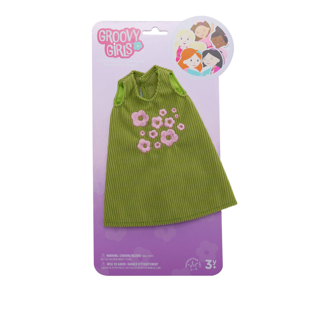 Groovy Girls green corduroy sleeveless doll dress with pink embroidered flowers on packaging