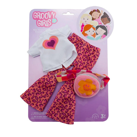 Groovy Girls Goin' Groovy doll outfit set with leopard print pants, white heart top, and pink flower crossbody bag