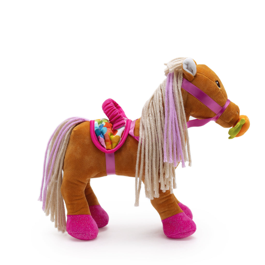 Groovy Girls Blossom plush horse toy with yarn mane, pink saddle, and glittery hooves