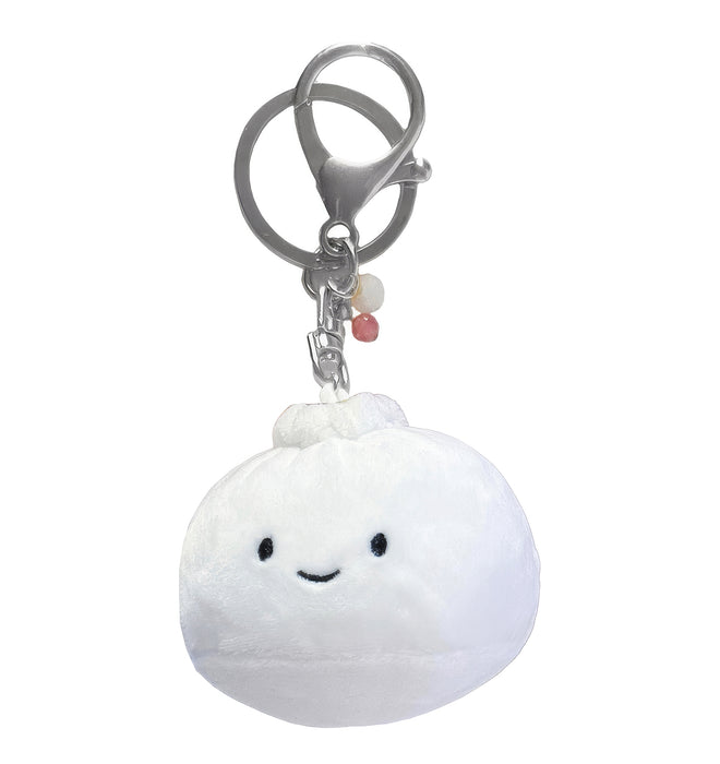 Cute white plush dumpling keychain with smiley face and silver lobster clasp clip